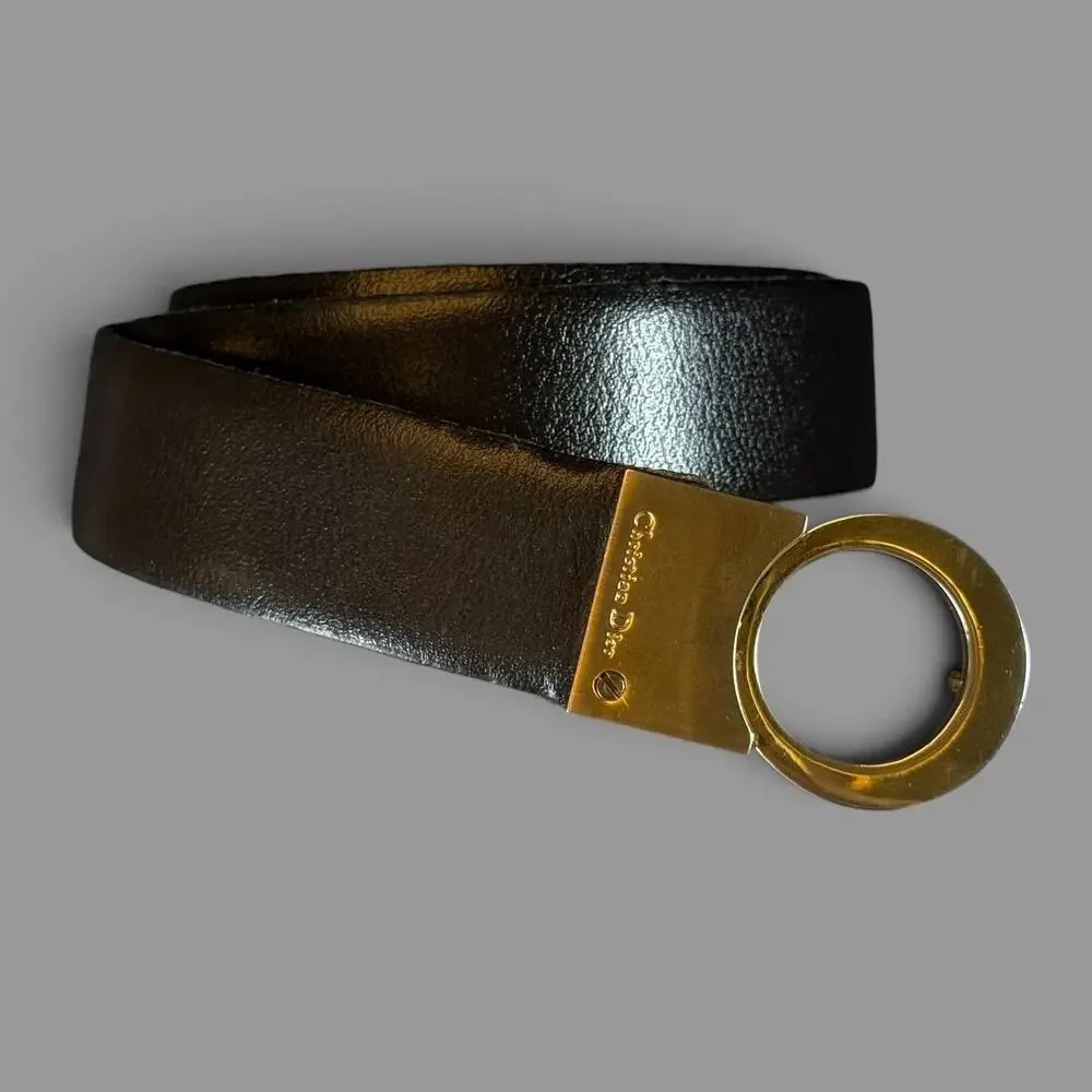 Christian Dior Black/Brown Leather Belt Gold Round Buckle Vintage 42 Inch Spain